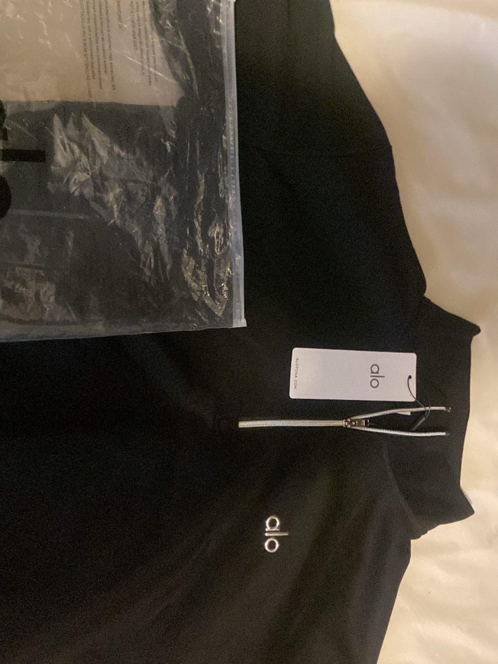 ALO Yoga Black Zip-Front Athletic Top with White Logo